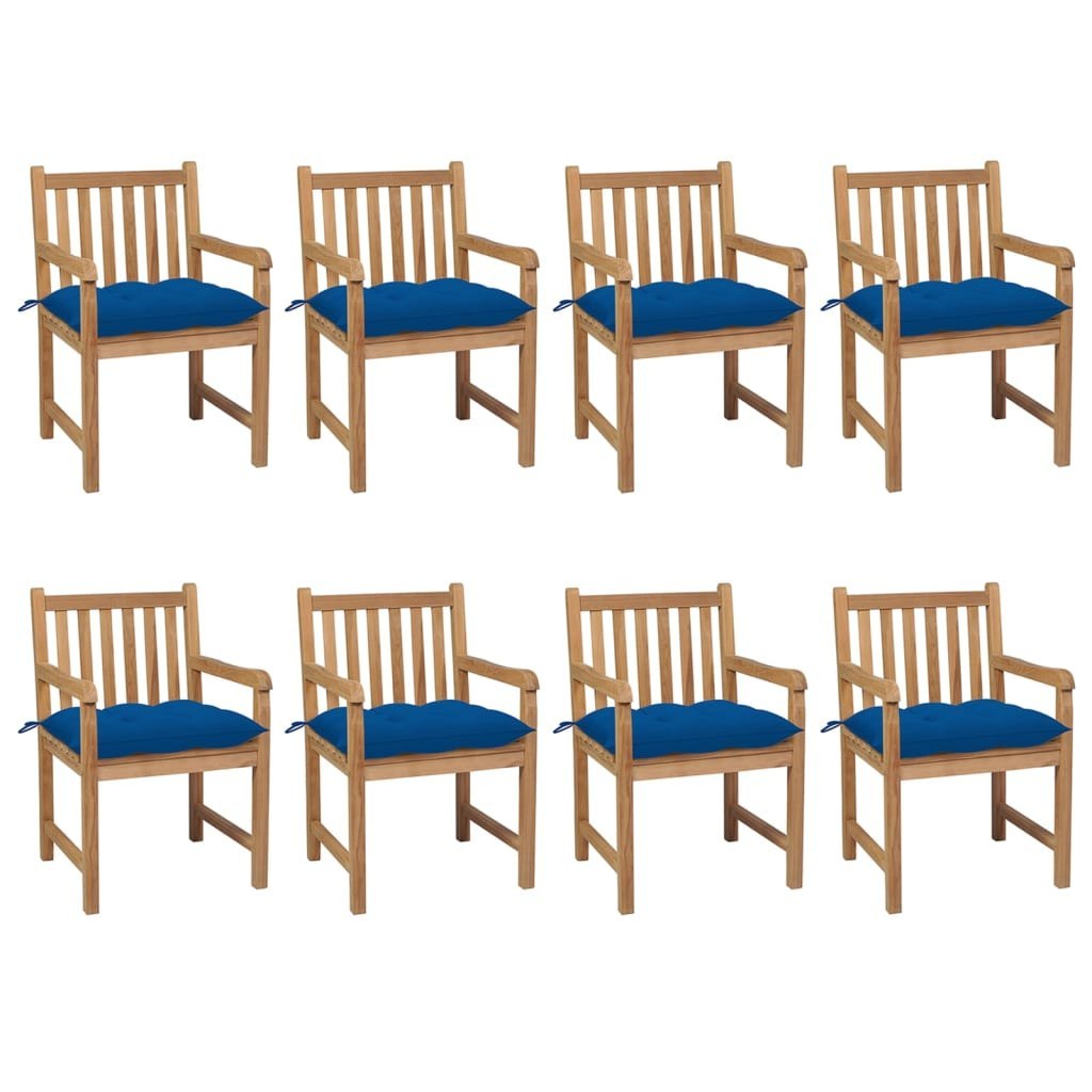  Krzesła ogrodowe z niebieskimi poduszkami 8 szt. tekowe