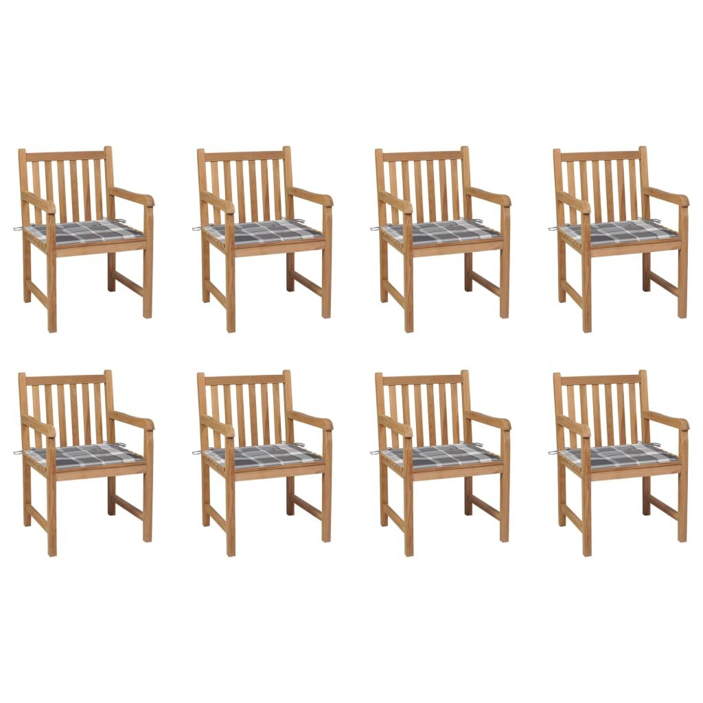  Krzesła ogrodowe 8 szt. z poduszkami w szarą kratkę tekowe