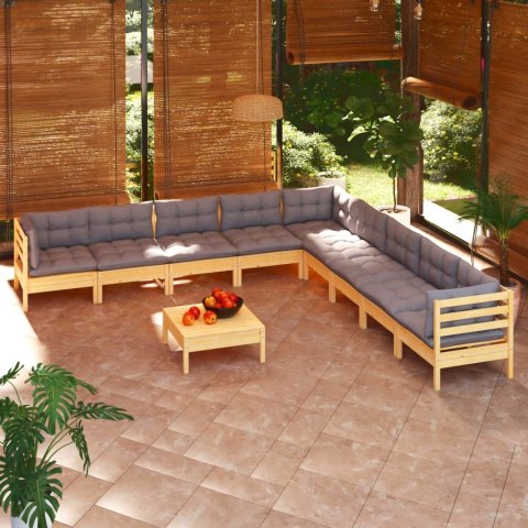  10-cz. zestaw wypoczynkowy do ogrodu szare poduszki sosnowy