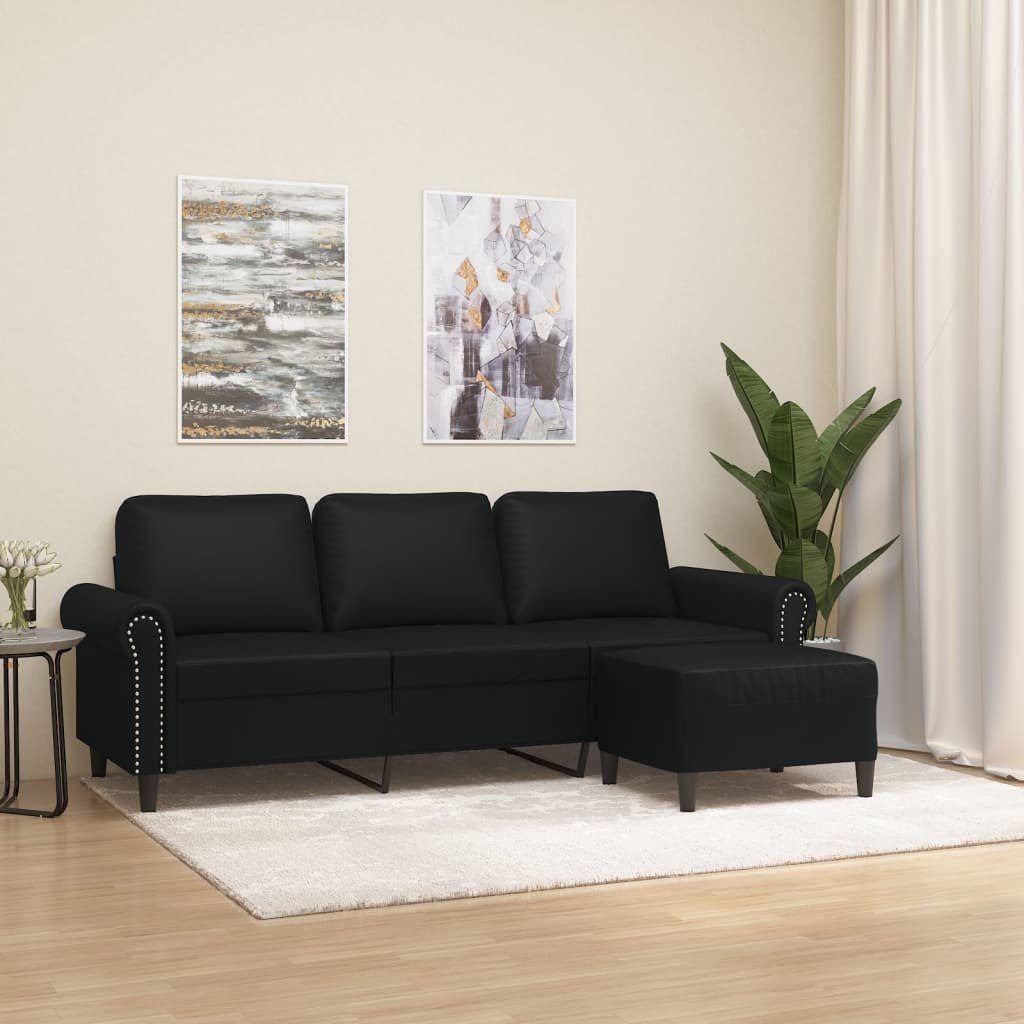  3-osobowa sofa z podnóżkiem czarna 180 cm sztuczna skóra
