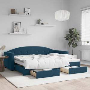Sofa rozsuwana z szufladami, niebieska, 80x200 cm, aksamit