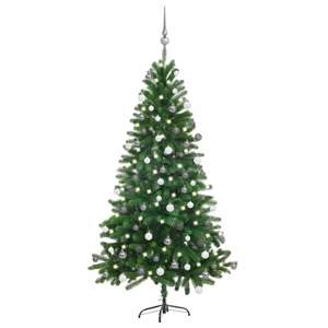 Sztuczna choinka z lampkami i bombkami, 150 cm, zielona