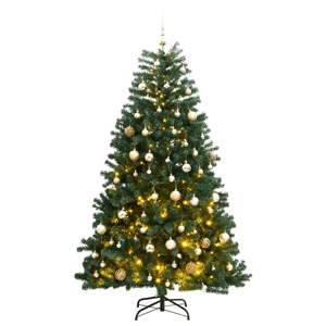 Sztuczna choinka na zawiasach, 300 lampek LED i bombki, 180 cm