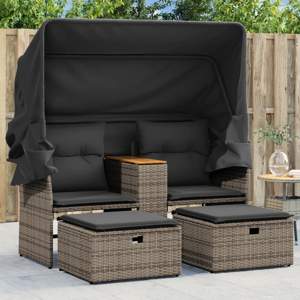 [365801] 2-os. sofa ogrodowa z daszkiem i podnóżkami, szara, rattan PE