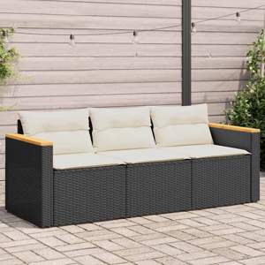 [365829] Sofa ogrodowa z poduszkami, 3-osobowa, czarna, polirattan