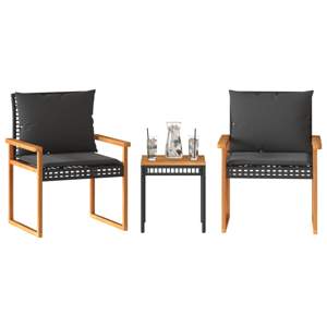 [365860] 3-cz. zestaw mebli bistro, poduszki, czarny rattan PE i akacja