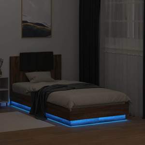 [3210072] Rama łóżka z wezgłowiem i LED, brązowy dąb, 75x190 cm