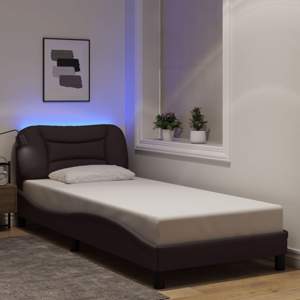 [3213672] Rama łóżka z LED bez materaca Hvar Ciemny brąz 90x190 cm Tkanina