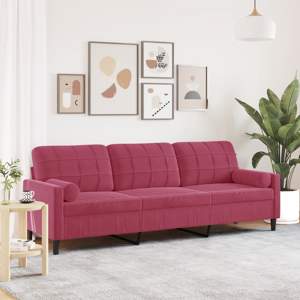 [3278243] 3-osobowa sofa z poduszkami, winna czerwień, 210 cm, aksamit