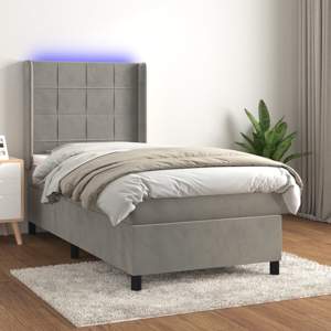 [3139535] Łóżko kontynentalne z materacem i LED, szare 90x190 cm, aksamit