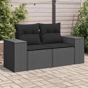 [365992] Sofa ogrodowa z poduszkami, 2-osobowa, czarna, z polirattanu