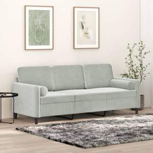 [3200891] 3-osobowa sofa z poduszkami, jasnoszara, 180 cm, aksamit