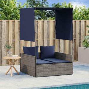 [4002761] Podwójny leżak z dachem i zasłonami, szary, polirattan