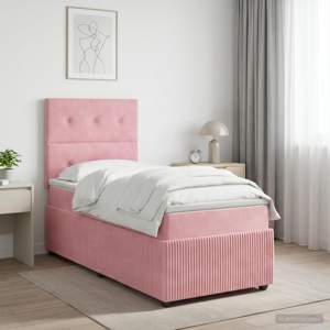 [3455980] Łóżko z box spring LED z materacem różowy 90 x 190 cm Welur