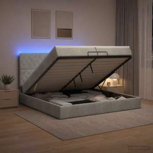 [3458253] Łóżko z pojemnikiem i materacem LED jasnoszary 200 x 200 cm
