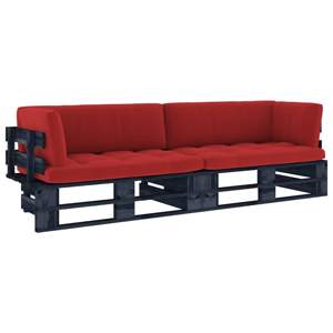 [3066655] Sofa 2-osobowa z palet, z poduszkami, czarna, drewno sosnowe